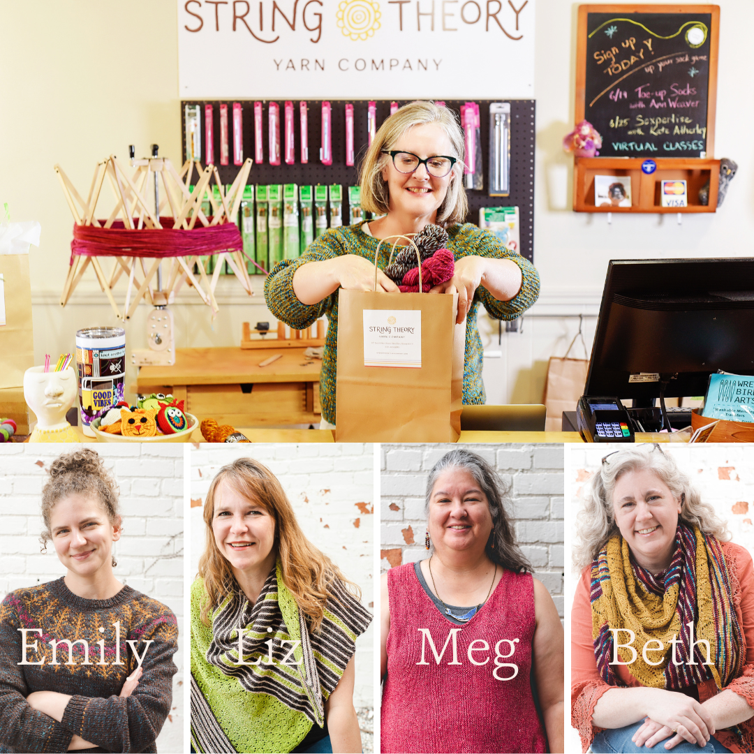 Collage of String Theory Yarn Co team wearing knitted items.