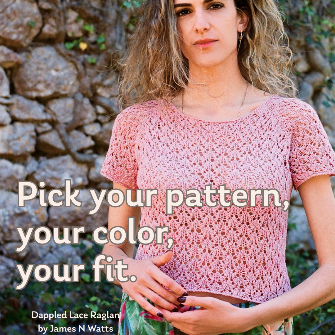 A woman stands outdoors in front of a stone wall wearing a pink open-knit short-sleeve top. Large overlaid text reads, 'Pick your pattern, your color, your fit.