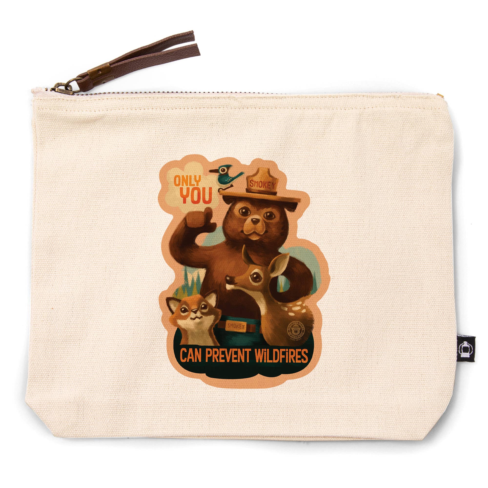 A cream-colored canvas zippered pouch featuring a vintage-style fire prevention graphic with a bear, deer, and cat, along with the text 'ONLY YOU CAN PREVENT WILDFIRES'.