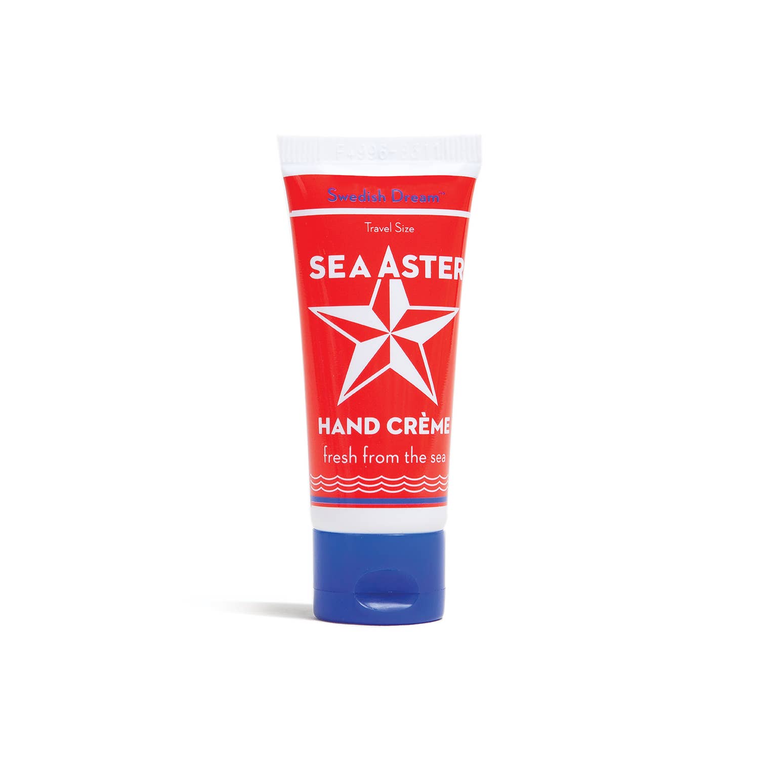 Red and blue tube of Sea Aster Hand Crème on a white background