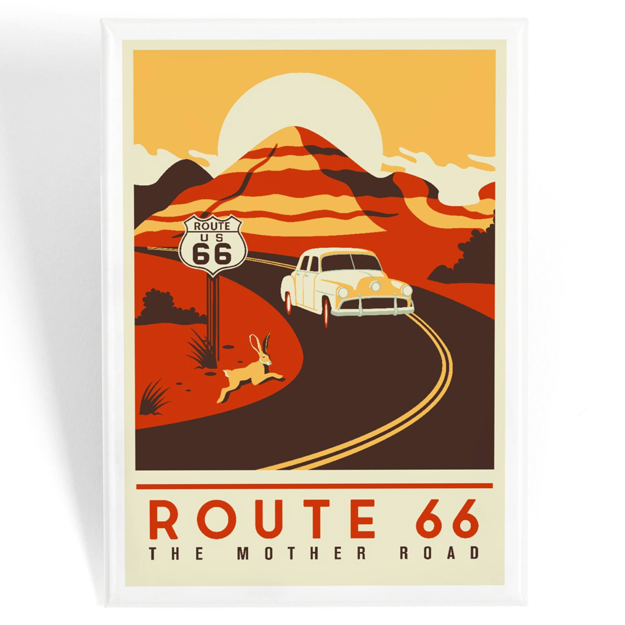 A vintage-style Route 66 magnet featuring a retro car on a winding road, mountains, a sun, and the text 'ROUTE 66 THE MOTHER ROAD' on a cream background.