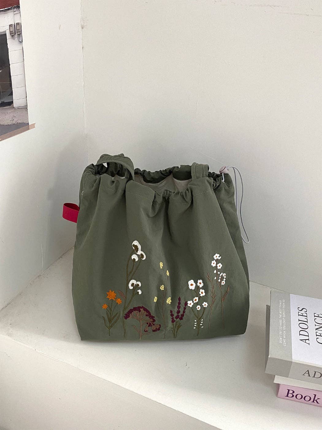 Embroidered Drawstring Tote Bag
