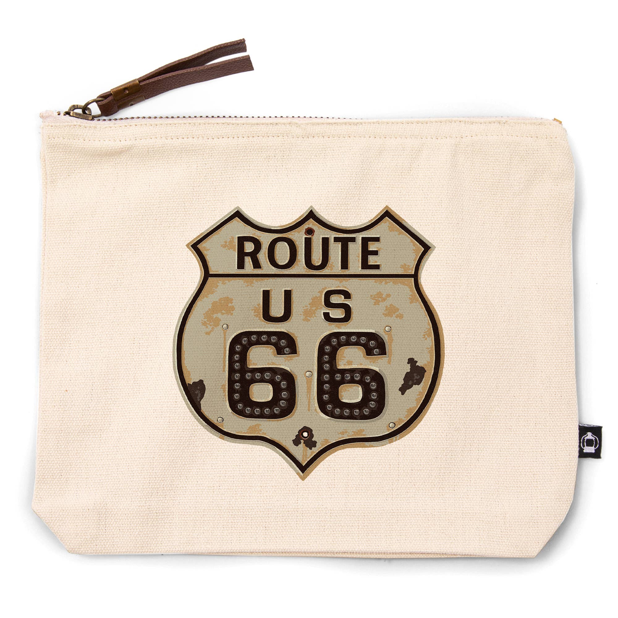 A cream canvas zippered pouch featuring a distressed vintage-style Route 66 shield graphic on the front, with a brown zipper pull and a small black brand tag on the right side.