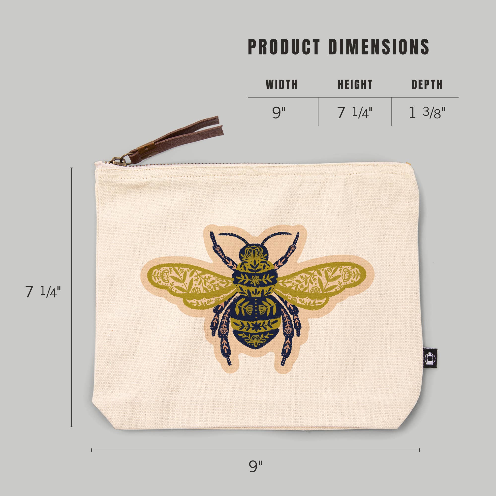 A canvas zip pouch with a decorative bee graphic, shown with dimension lines and text indicating product measurements of 9 inches by 7 1/4 inches by 1 3/8 inches on a light gray background.