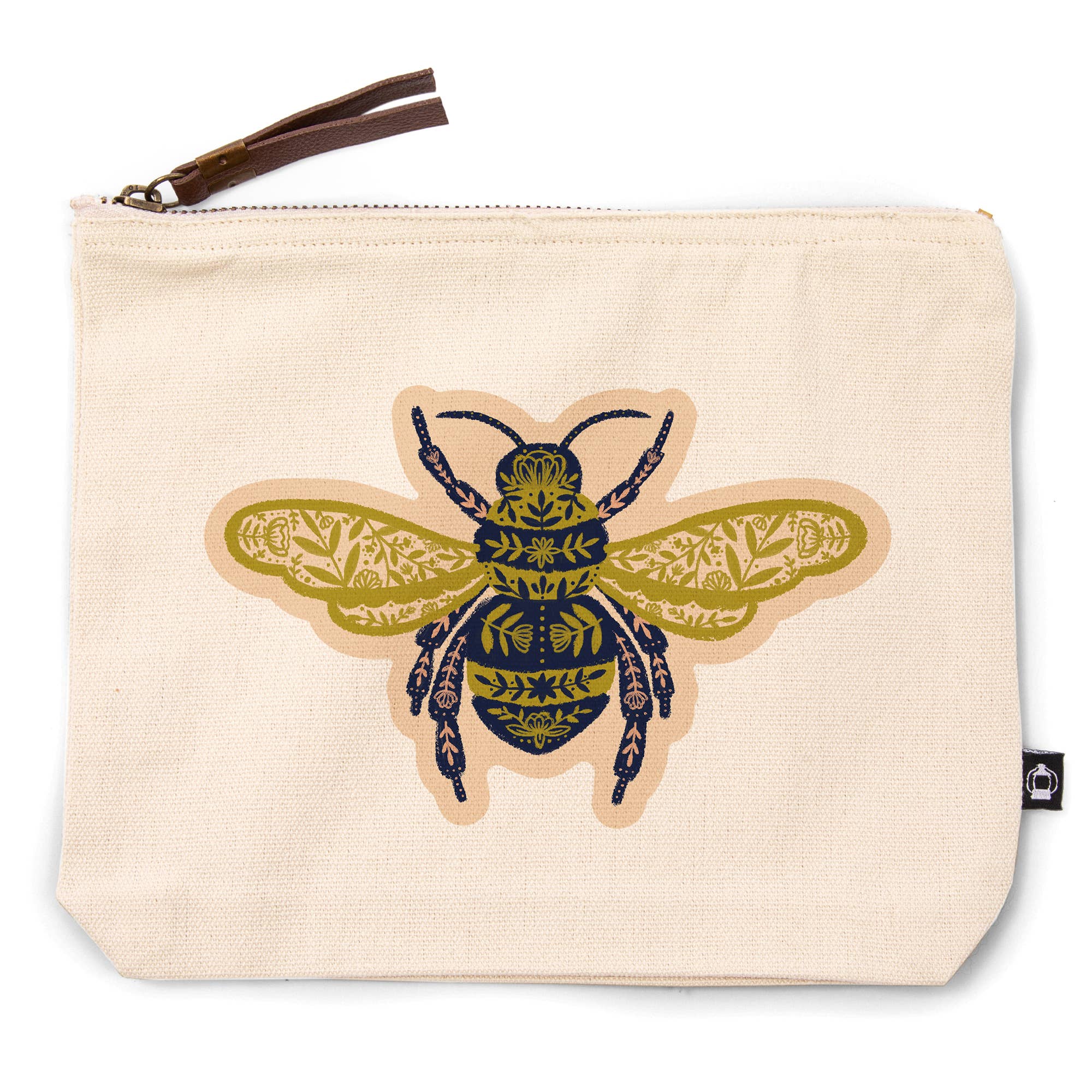 An off-white canvas zippered pouch featuring a stylized printed bee design in olive green, navy blue, and beige, with a brown zipper pull.
