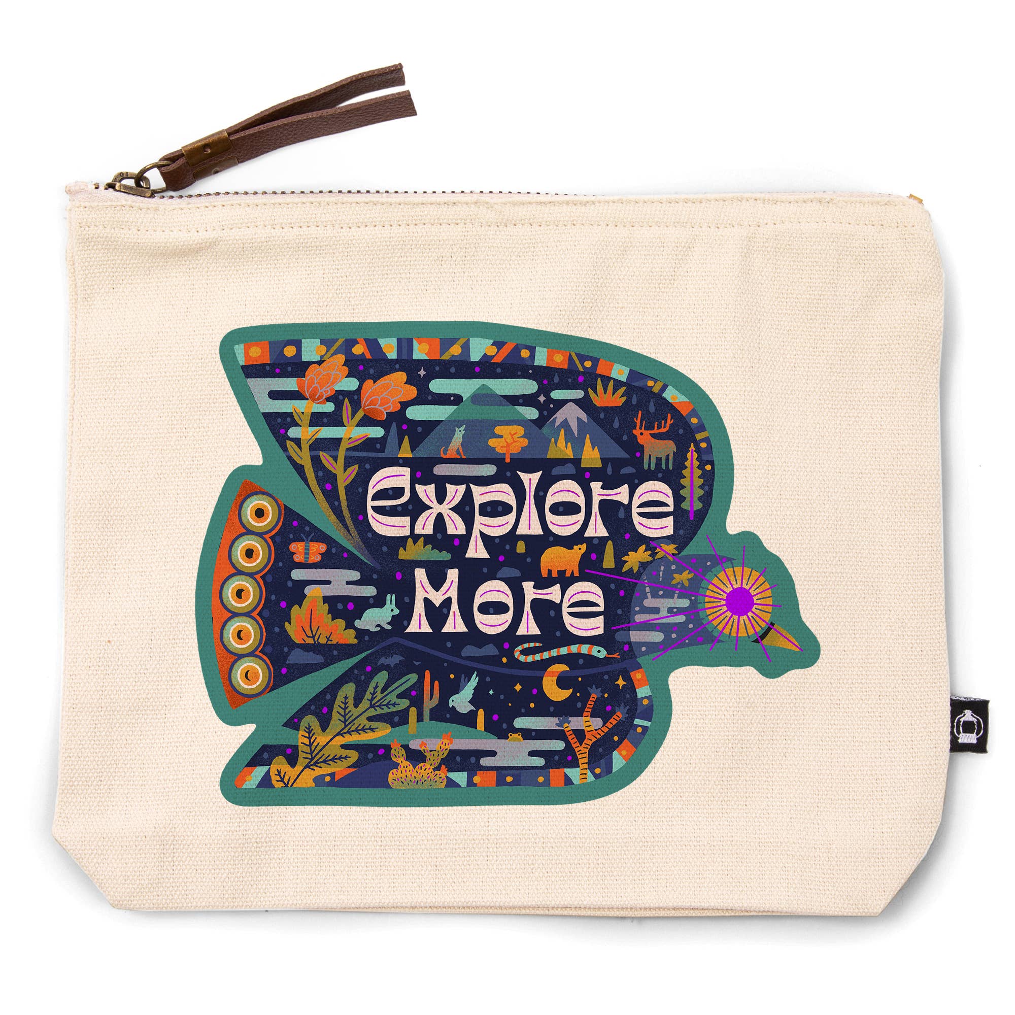 An off-white canvas zippered pouch featuring a large, colorful bird-shaped graphic with the words 'Explore More' in white. The graphic is filled with various whimsical illustrations in shades of teal, orange, purple, and yellow.