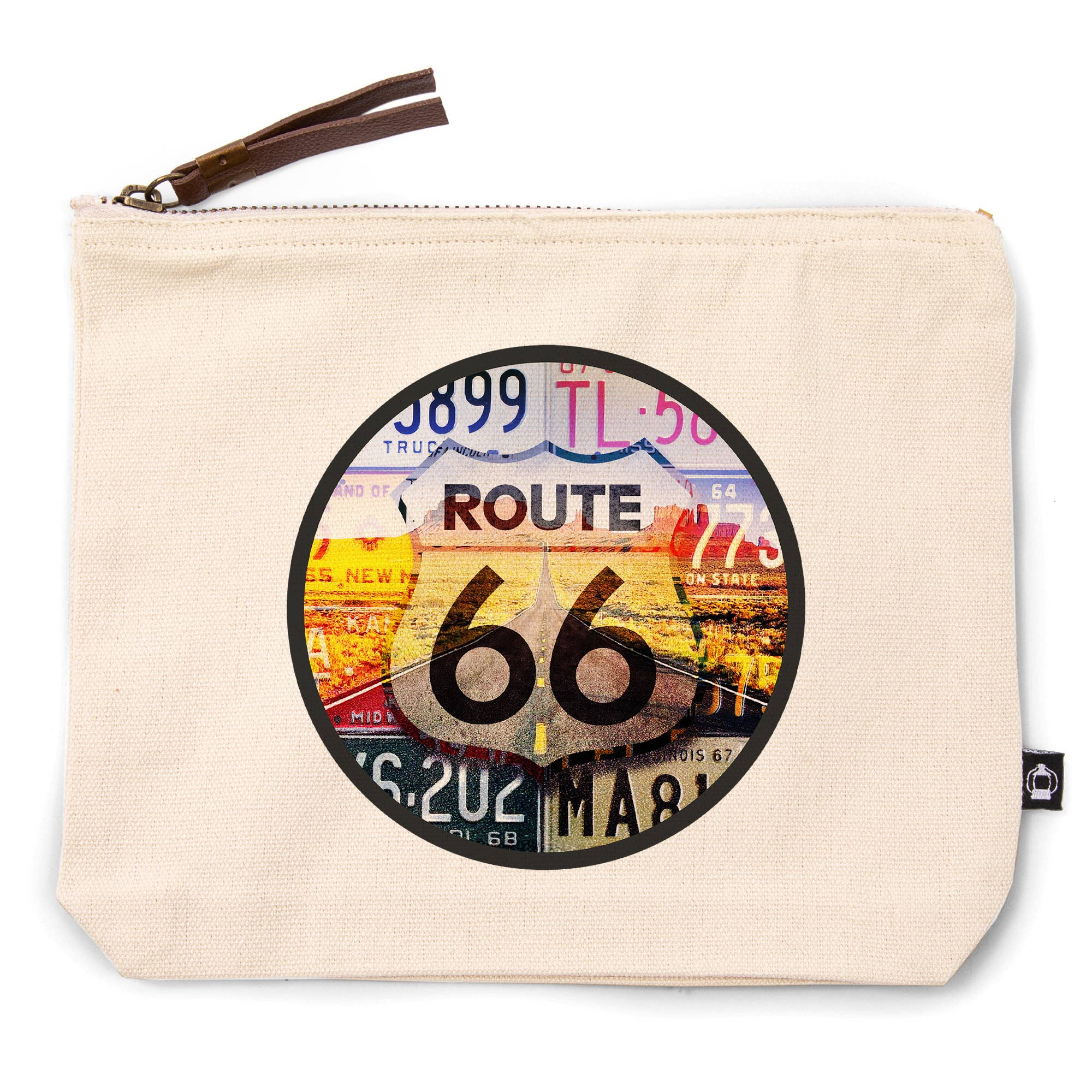 A cream canvas pouch with a brown zipper pull, featuring a circular graphic print of a vintage Route 66 license plate design in the center.