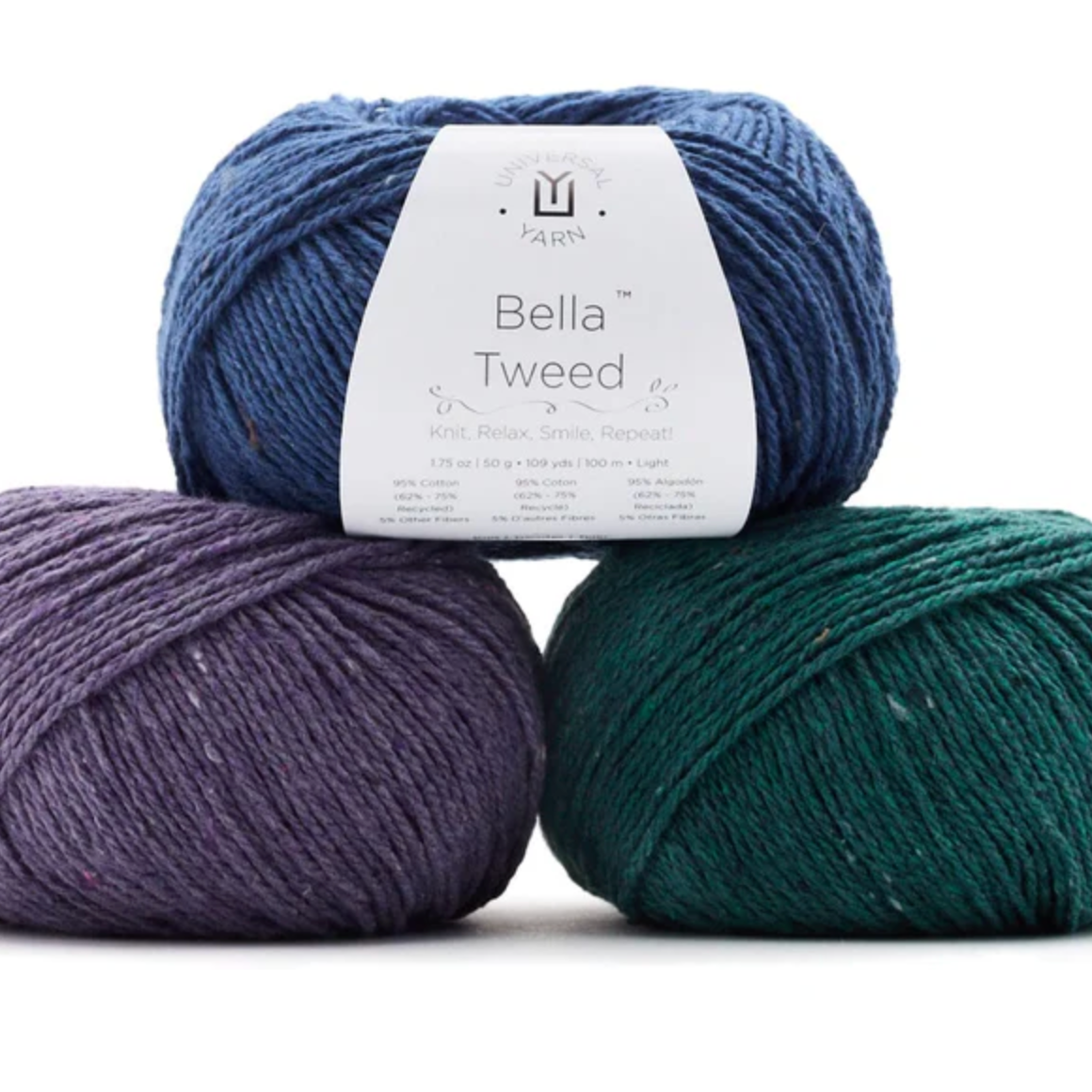 Three balls of yarn in blue, purple, and green with a Bella Tweed label on a white background.