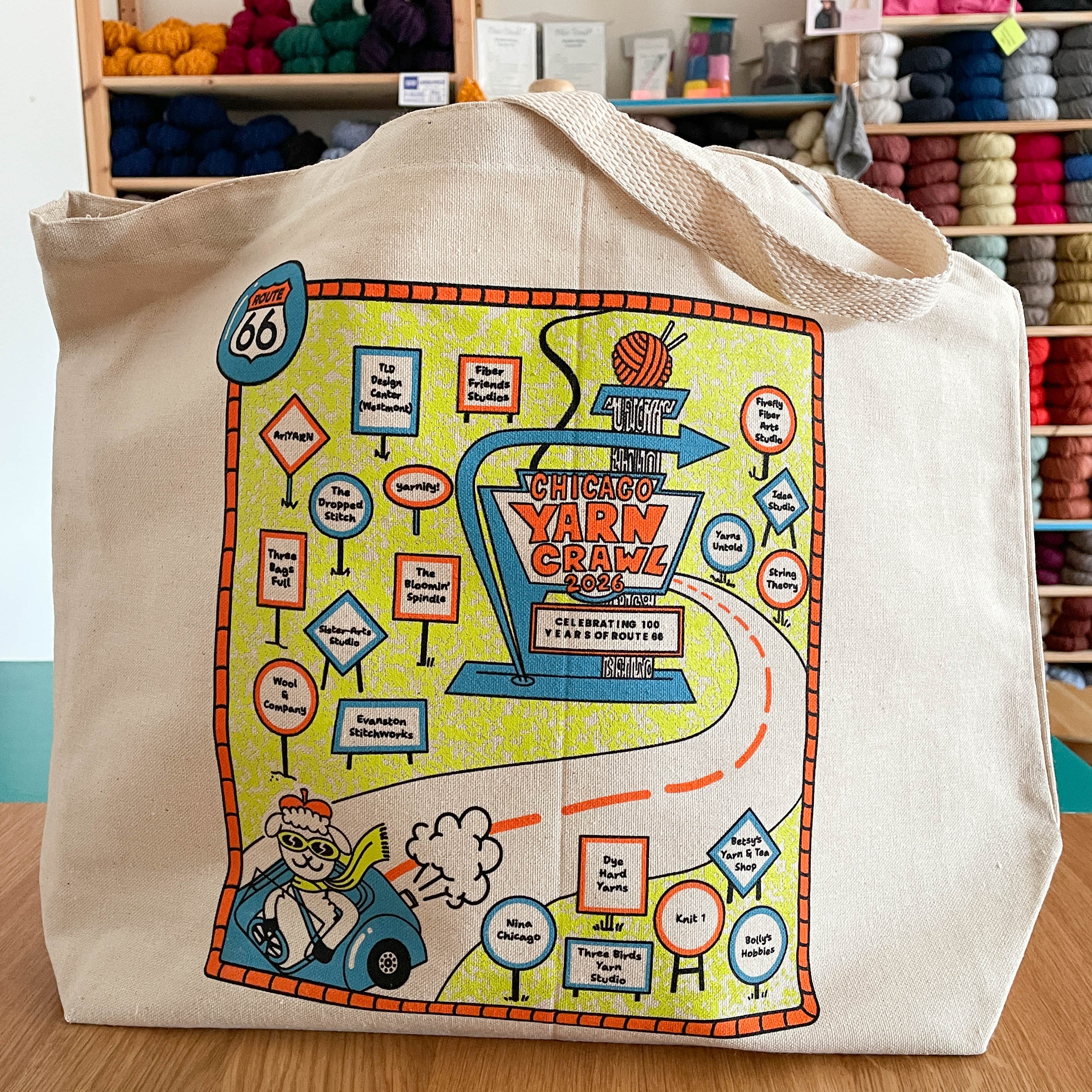 Canvas Tote Bag with Retro Route 66 highway and signs with all the names of all the Chicagoland stores.