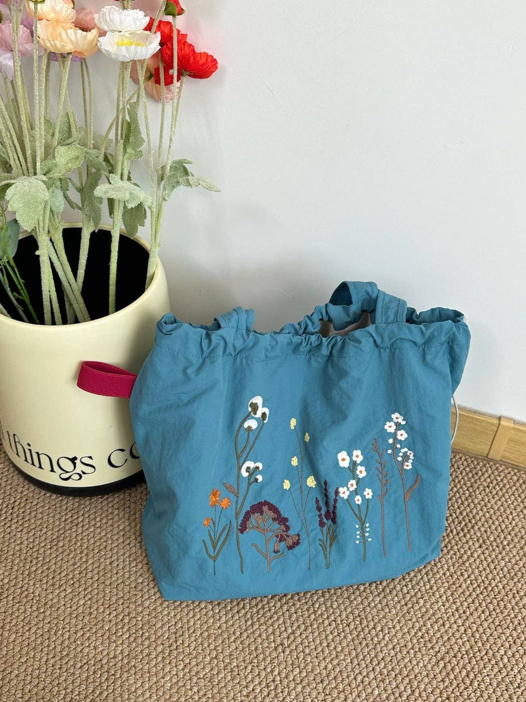 Embroidered Drawstring Tote Bag