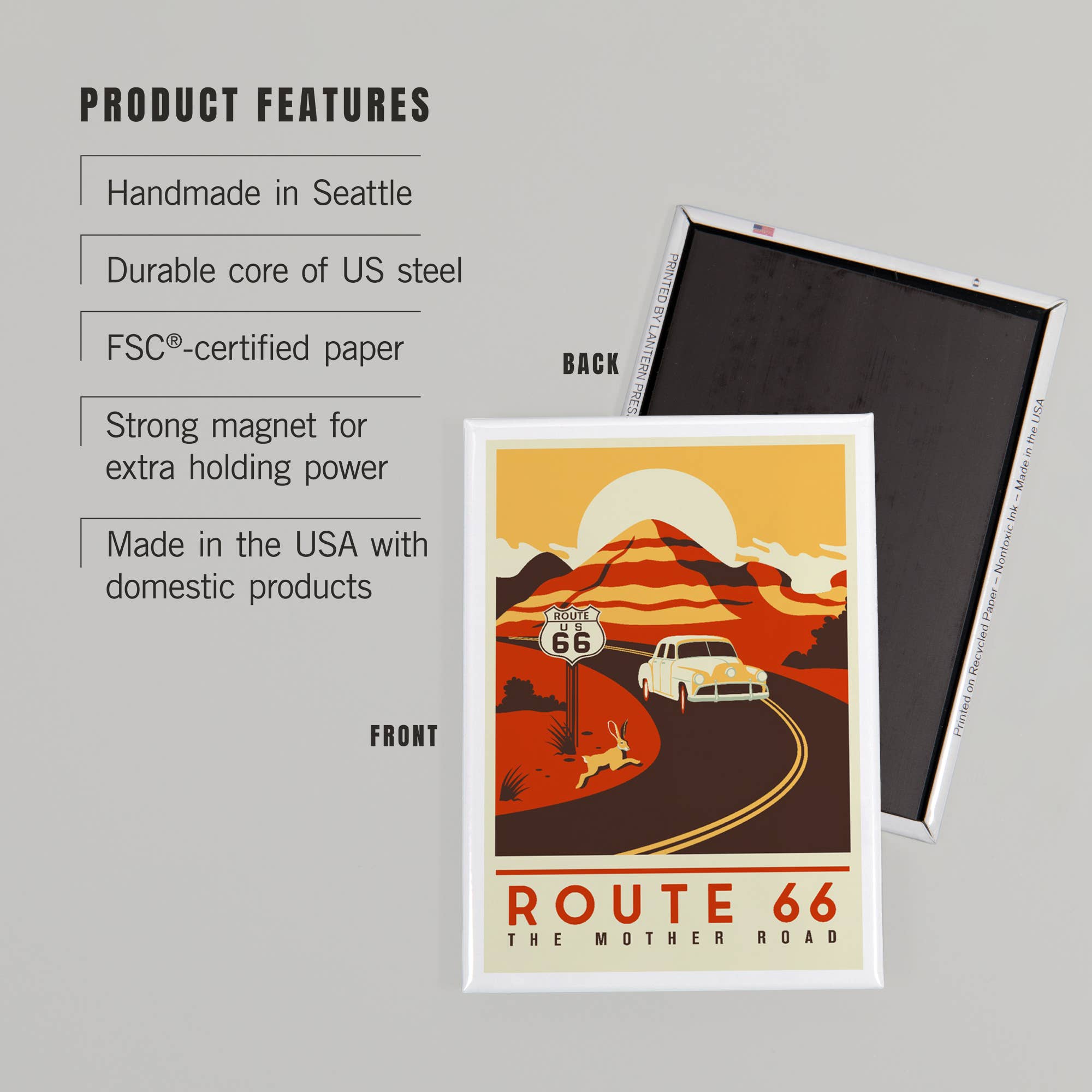 A Route 66 magnet shown on a light gray background with product feature text on the left and the back of the magnet visible behind it. The front of the magnet features a retro illustration of a car on a road winding through orange and brown mountains under a pale yellow sky, with 'ROUTE 66 THE MOTHER ROAD' printed at the bottom.