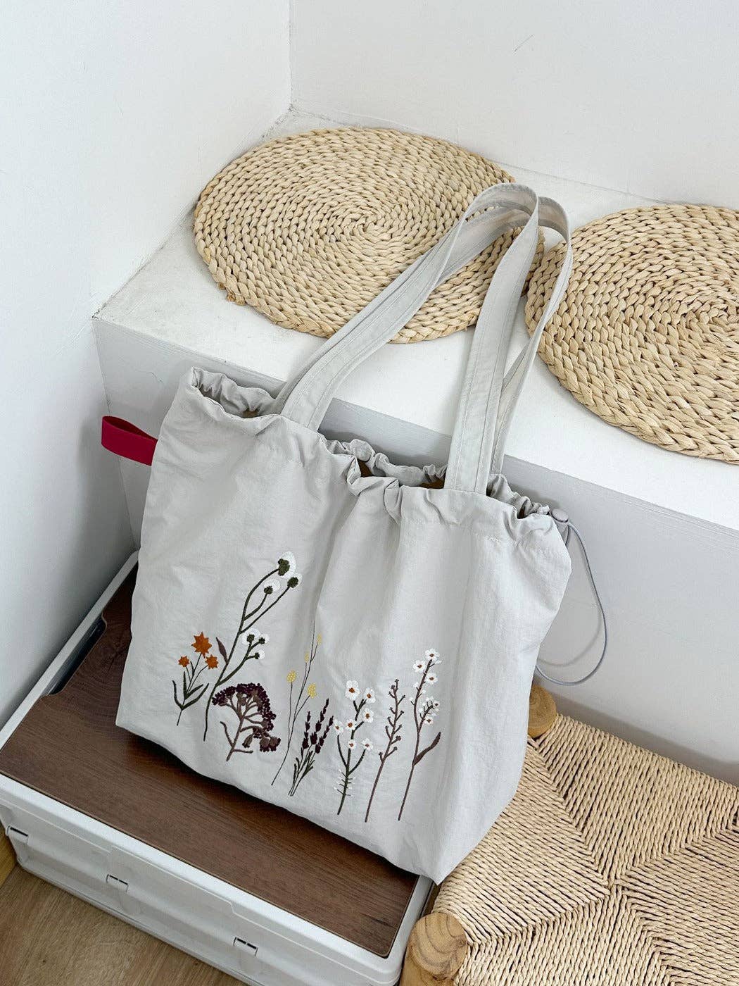 Embroidered Drawstring Tote Bag