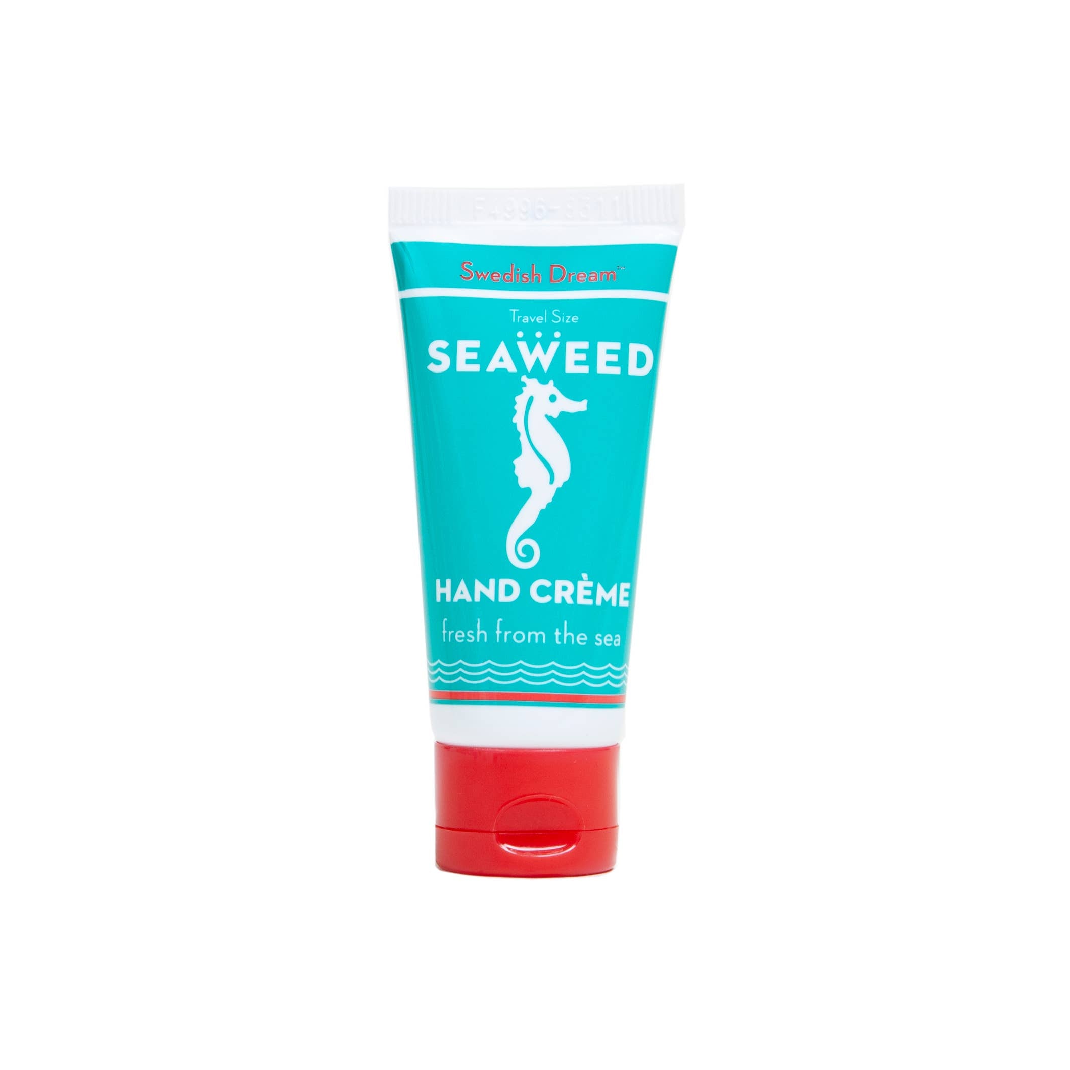 Seaweed hand cream tube with blue and red design on a white background