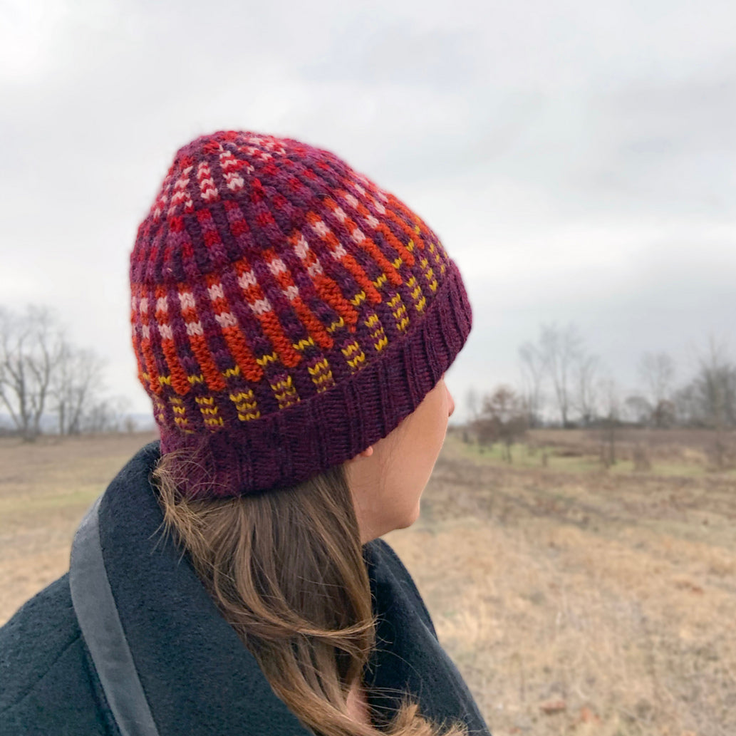 A person outdoors wearing a knitted beanie with a multicolor pattern of burgundy, orange, yellow, and white, photographed from the side against an overcast sky and dry field.