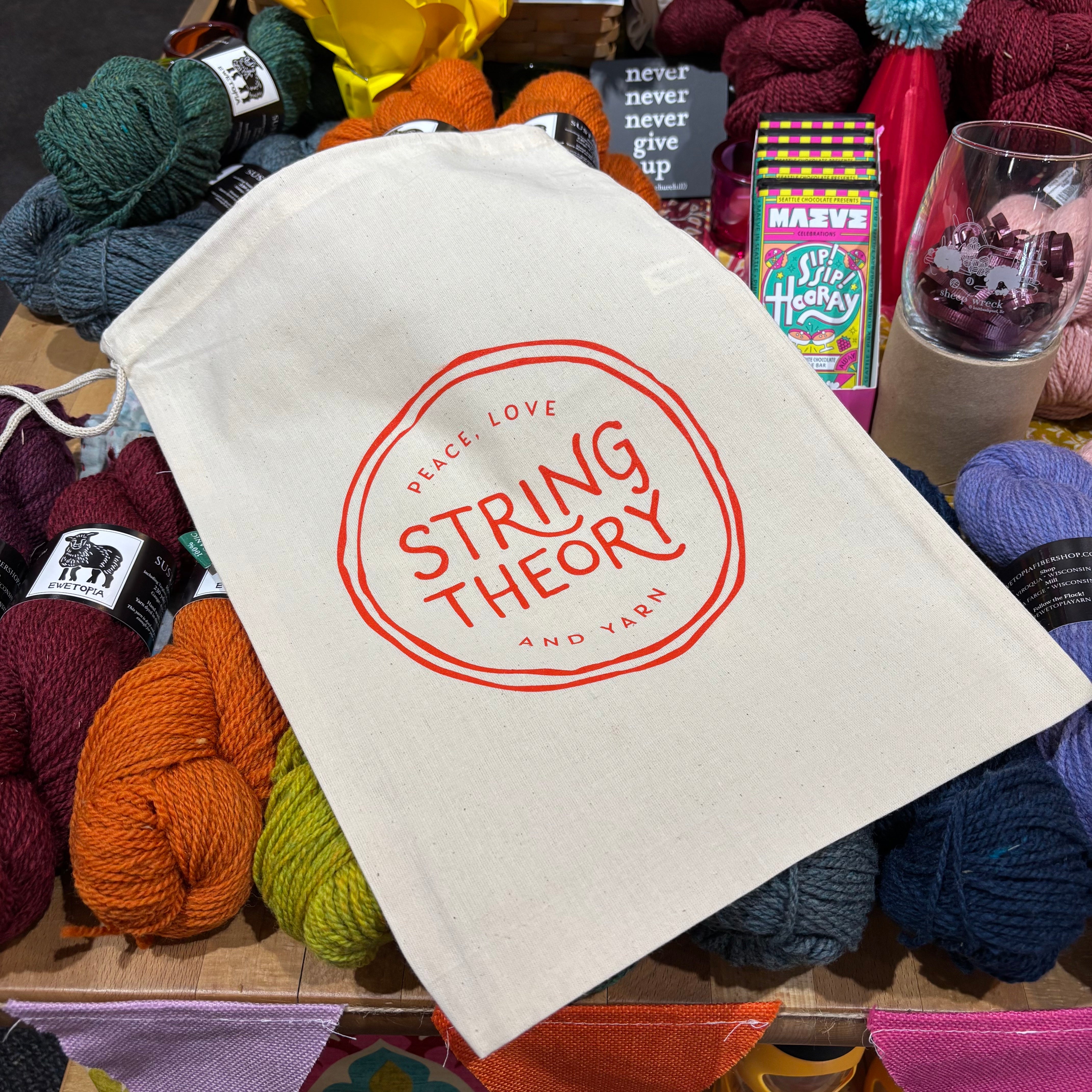 Peace Love Yarn Drawstring Bag
