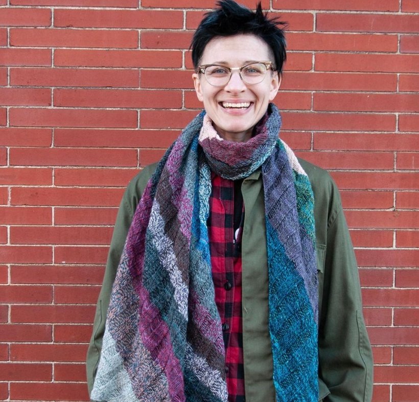 Ann Weaver dressed in plied scarf